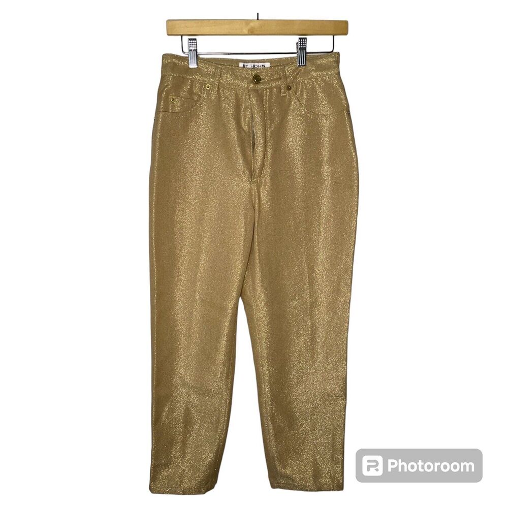 St. John VTG Quite Luxury SILK Pants Gold metallic 8 Womens Signature Jeans